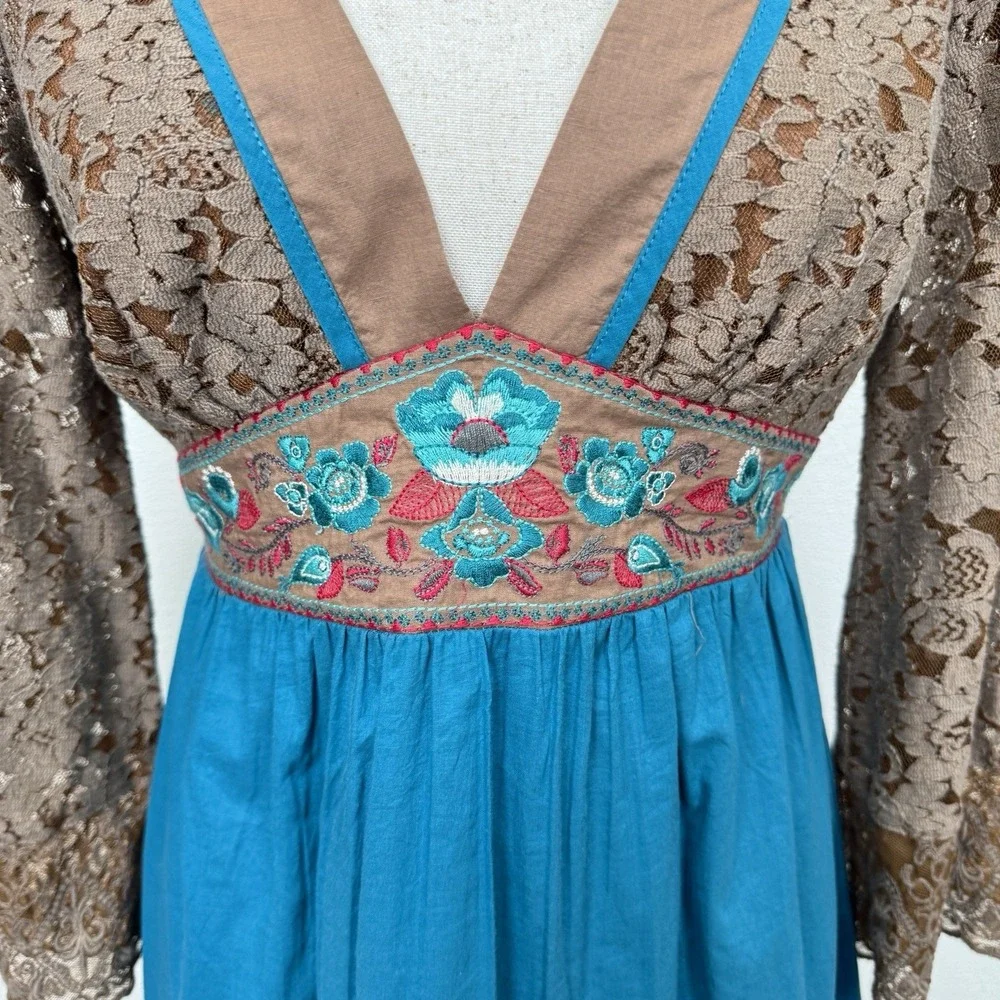 Vtg 90s Flying Tomato‎ Dress Womens Small Blue Empire Waist Crochet Boho Indie - Picture 6 of 16